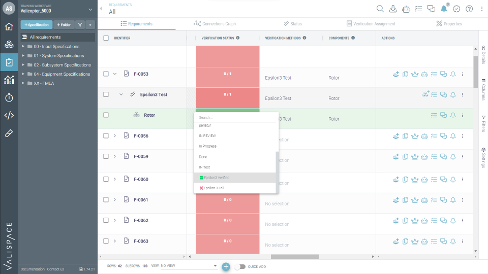 Valispace requirements + Epsilon3